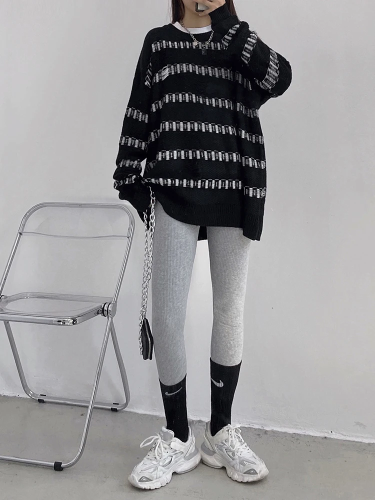 

Micro fat striped pullover long sleeve sweater autumn and winter new fat mm size women's loose Joker outside wear top