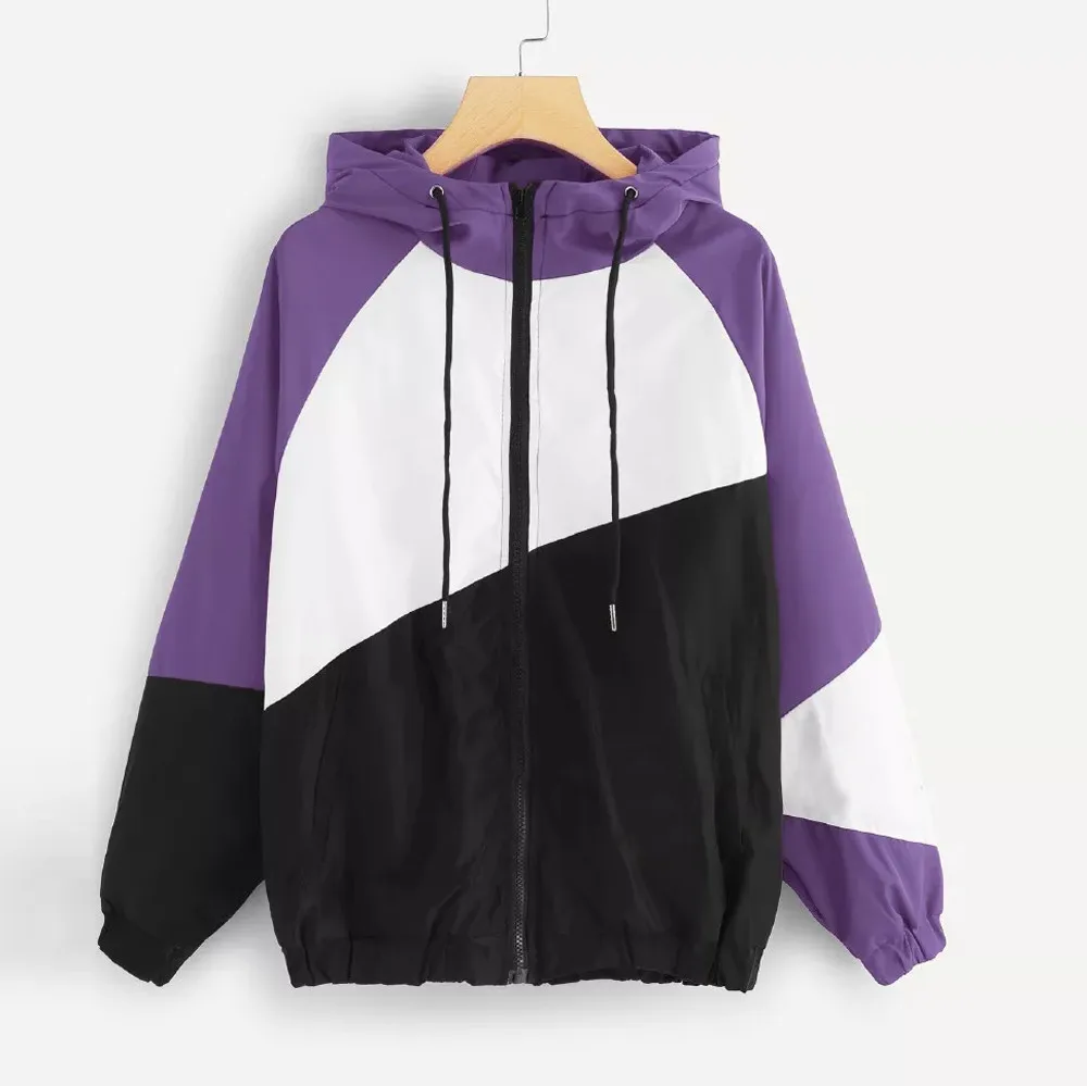Women Hooded Zipper Casual Sport Coat Long Sleeve Patchwork Thin Skinsuits Lightweight and non-elastic fabric ariana grande | Женская