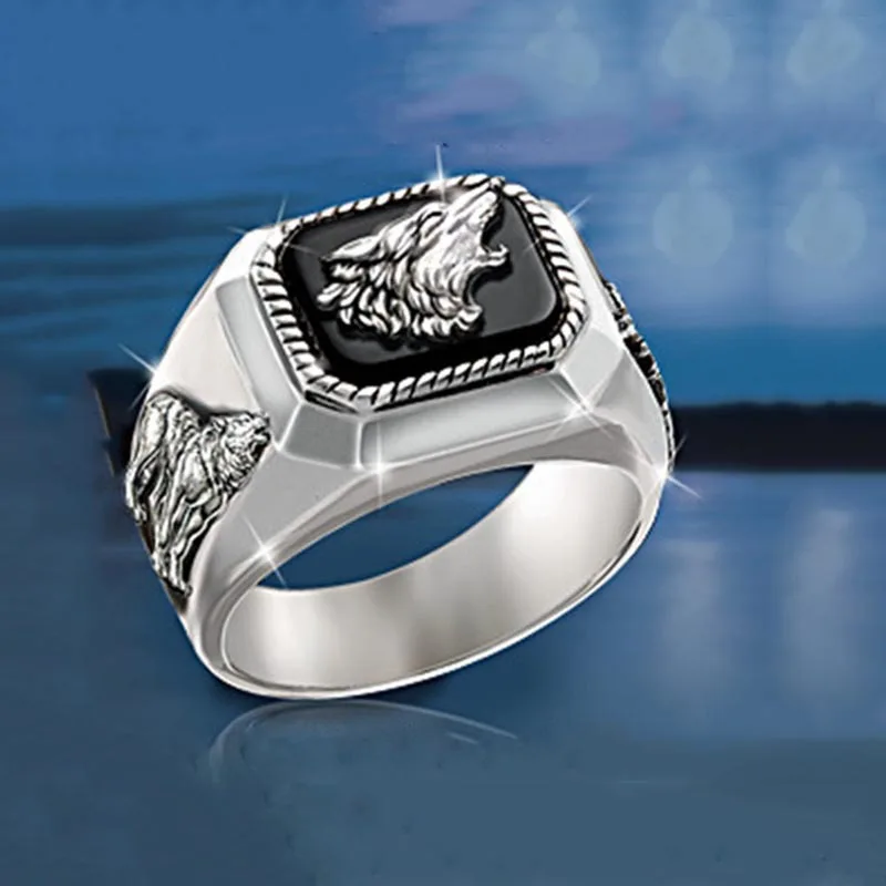 

Silver Plated Black Enamel Wild Wolf Head Super Big Band Ring for Mens Punk Party Jewelry Gift Us