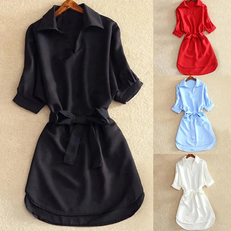 

Shirts Women 2020 Summer Casual Dress Fashion Office Lady Solid Red Chiffon Dresses For Women Sashes Tunic Ladies Vestidos Femme