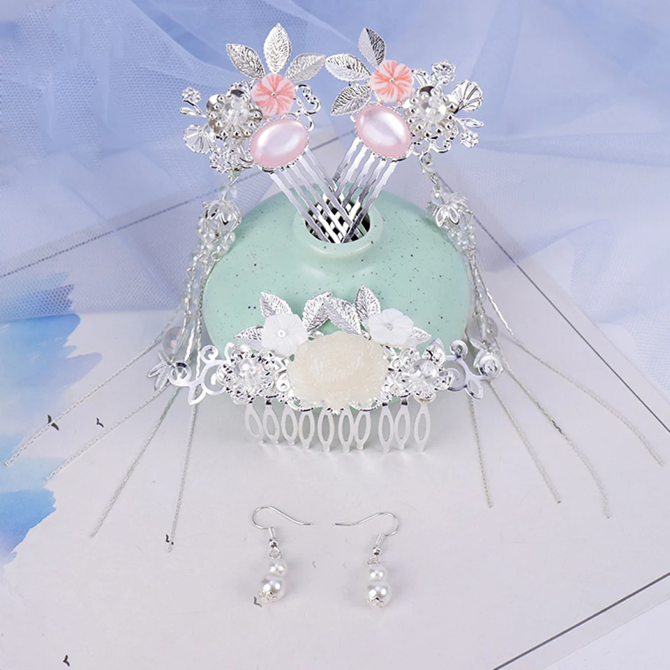 Белая корона для волос Серебряная кисточка гребень шаг к клипсе серьги в