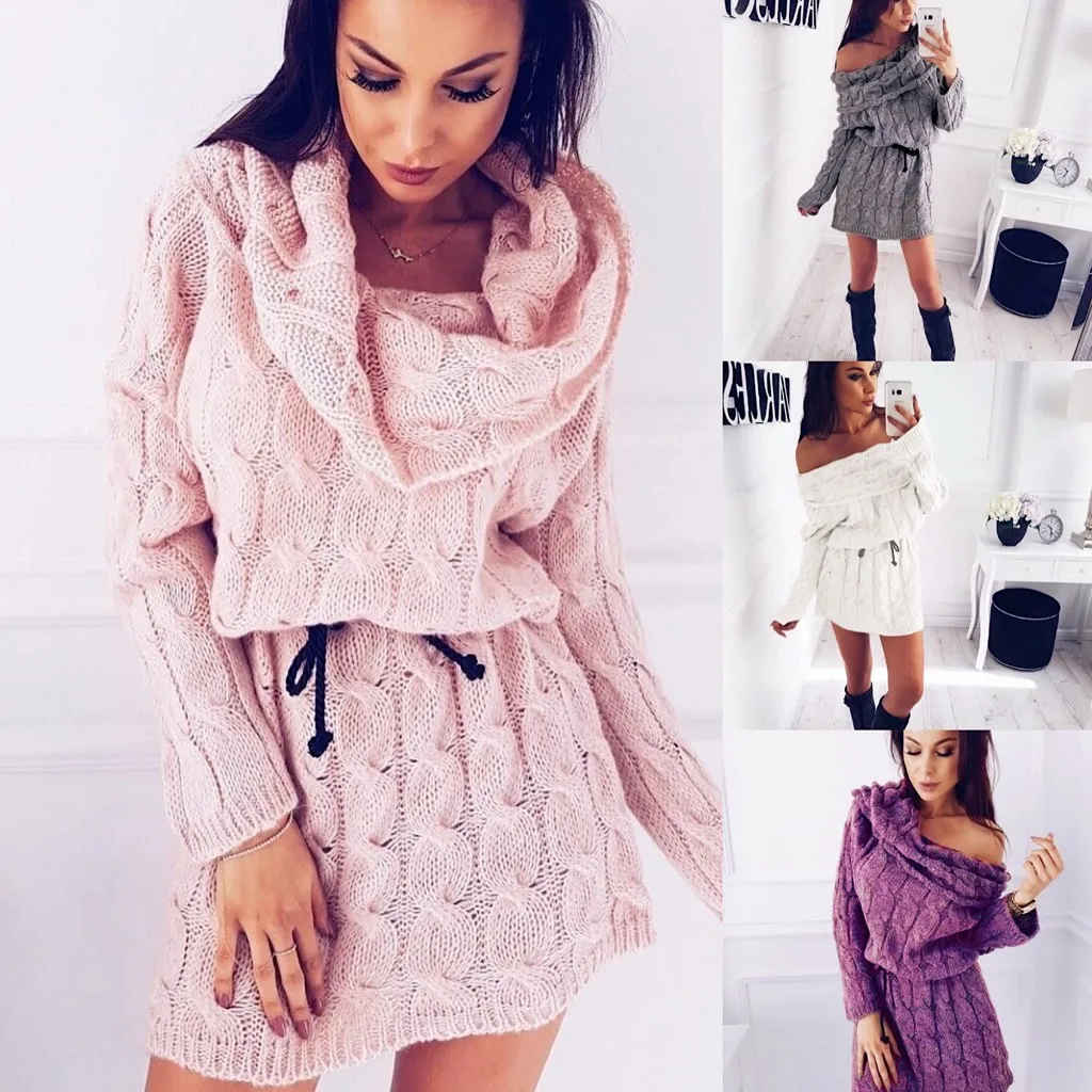 Элегантный свитер платья Womne Мода холодное плечо вязание с длинным рукавом