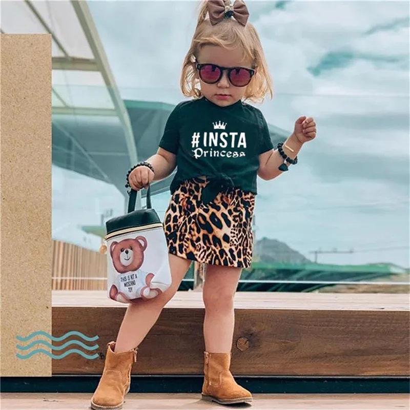 

Free shipping Toddler Kids Baby Girl Clothes short sleeve Geometry round neck Tops Leopard print zipper Skirts 2pc Summer outfit