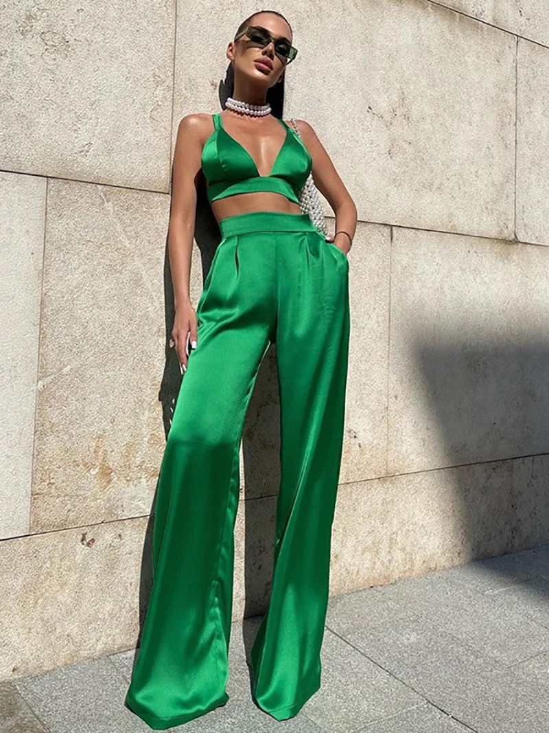 

Women Fashion Silky Satin Camis Crop Top and Pants 2 Piece Set Matching Sets Outfits Party Club Sexy High Waist Pants Streetwear