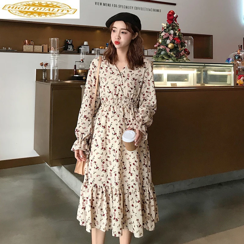 Весенне-летнее корейское платье женское Цветочное с длинным рукавом размера