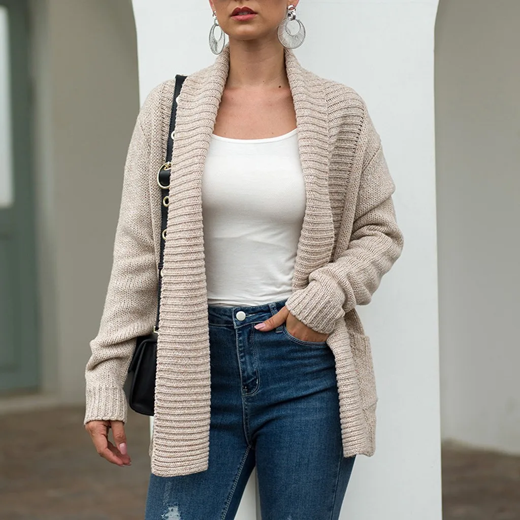 Женский свитер однотонный вязаный жакет с длинным рукавом карманами пальто
