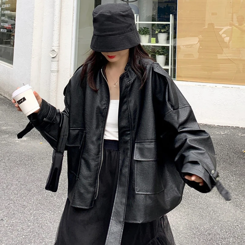 [LANMREM] Autumn And Winter New Products Fashion Retro Long Sleeve Loose Motorcycle Leather Jacket Female PA522