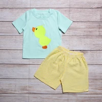 handsome pure cotton baby boy suit blue short sleeves with duck embroidery and yellow shorts childrens boutique clothing