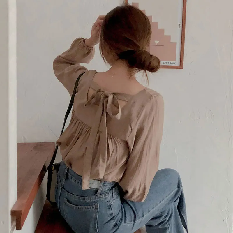 Осенние базовые рубашки блузки Женская винтажная Повседневная Блузка с длинным