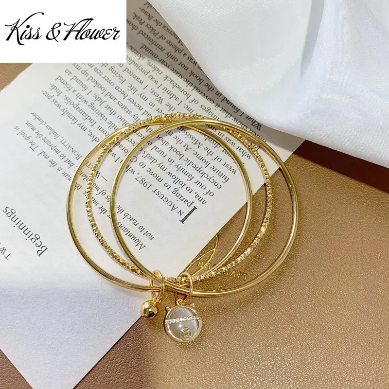 

KISS&FLOWER BR257 Fine Jewelry Wholesale Fashion Woman Girl Bride Birthday Wedding Gift Cute Cat Bells 24KT Gold Bracelet Bangle