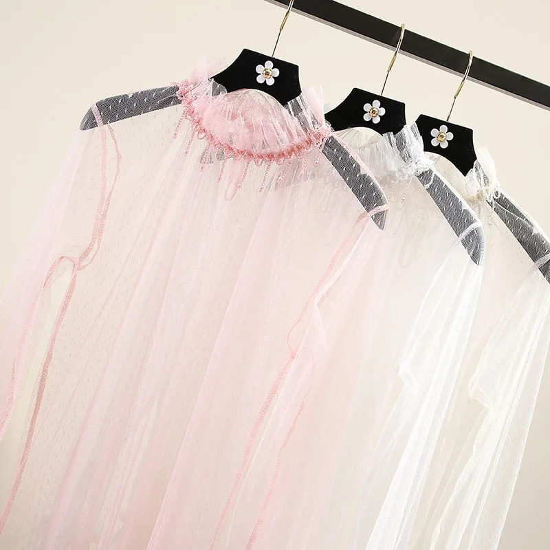 Розовая сетчатая рубашка для женщин 2019 темперамент Фея бисера кисточкой рог