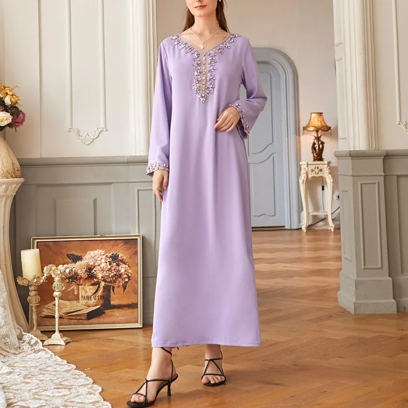 

Purple Abaya Dubai Turkey Muslim Dress Fashion Party Gowns Robe Arabic Islamic Clothes Middle East Islamic Dres