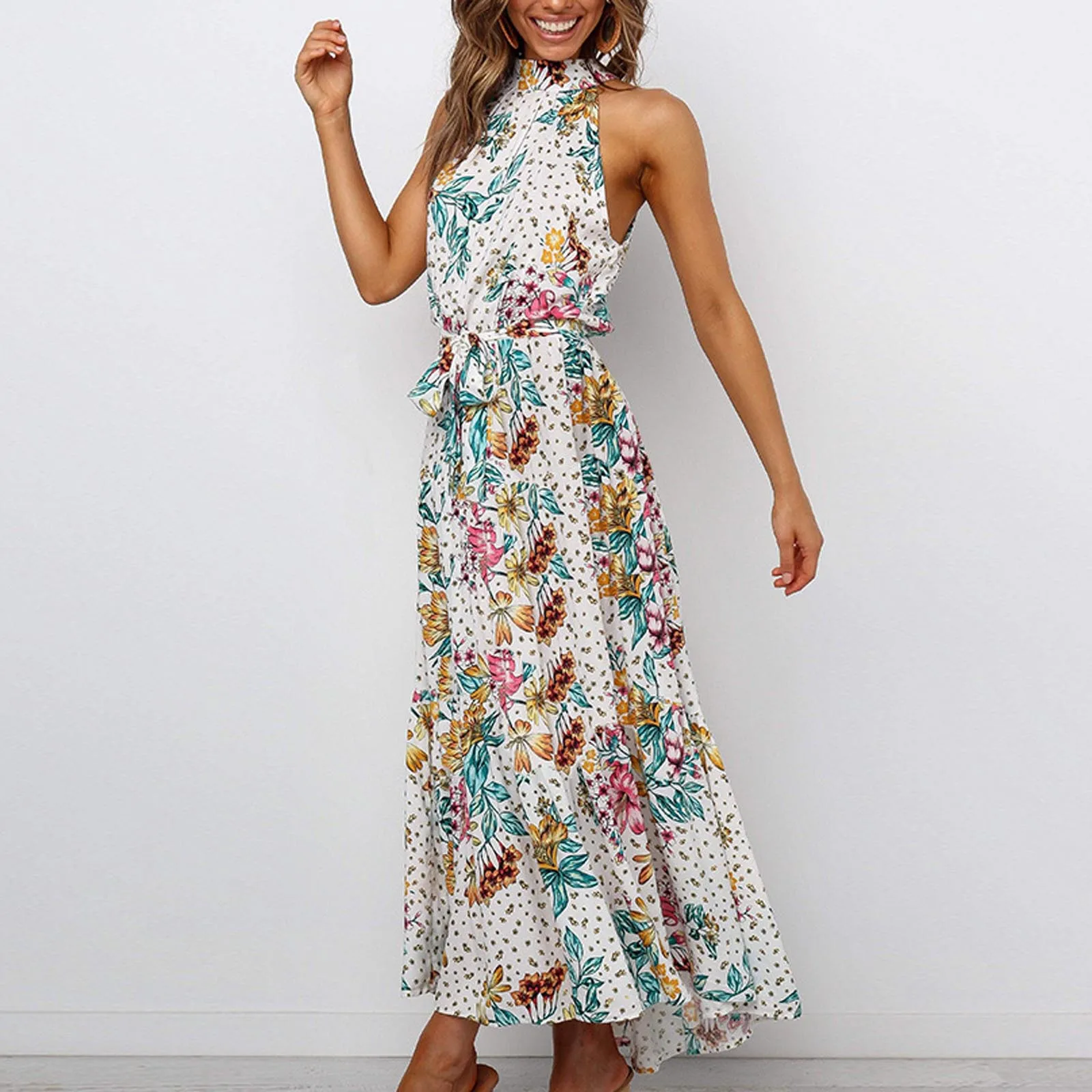 Fashion Women's Summer Dress Boho Floral Printing Dress Broken Flower Sleeveless Long Dresses for Women vestido de mujer