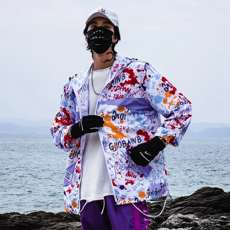 

Print Jacket Men Hip Hop Windbreakers Hoody Jacket Slim Fit Mens Spring Autumn Summer Streetwear Thin Coat