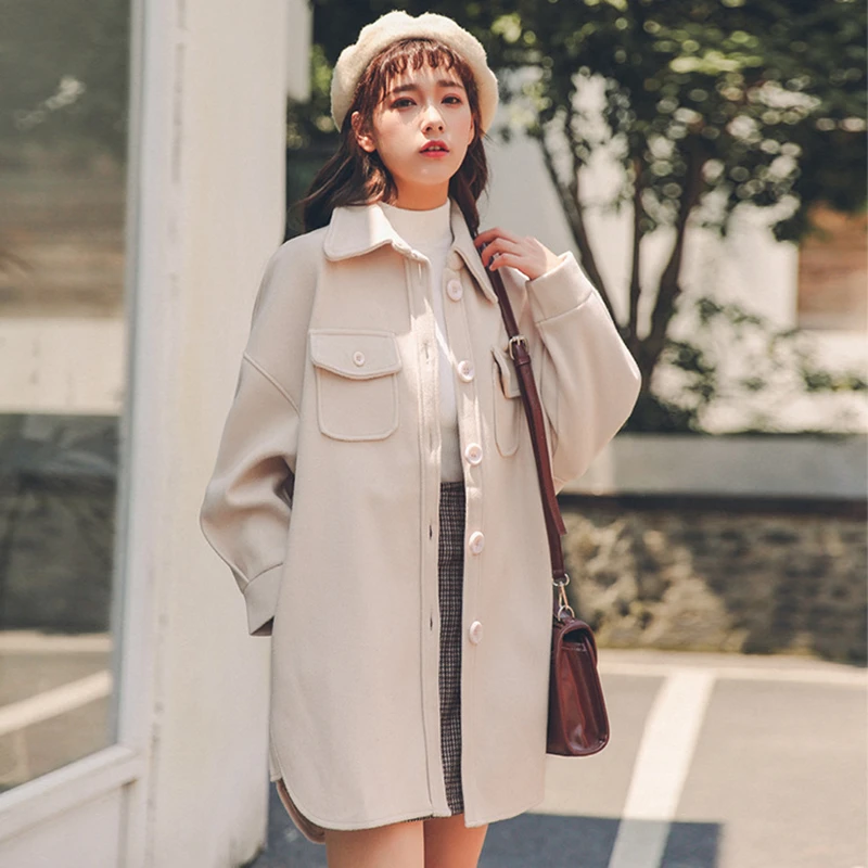 

2020 autumn and winter new Korean women's temperament lapel pocket shirt mid-length loose and comfortable women's woolen coat
