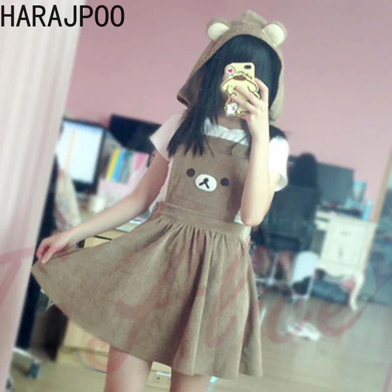 

Harajpoo Women Dresses Strap Cute College Wind Harajuku Bear Head Embroidery Y2k Detachable Ear Hat Cute Soft Girl Dress Tide