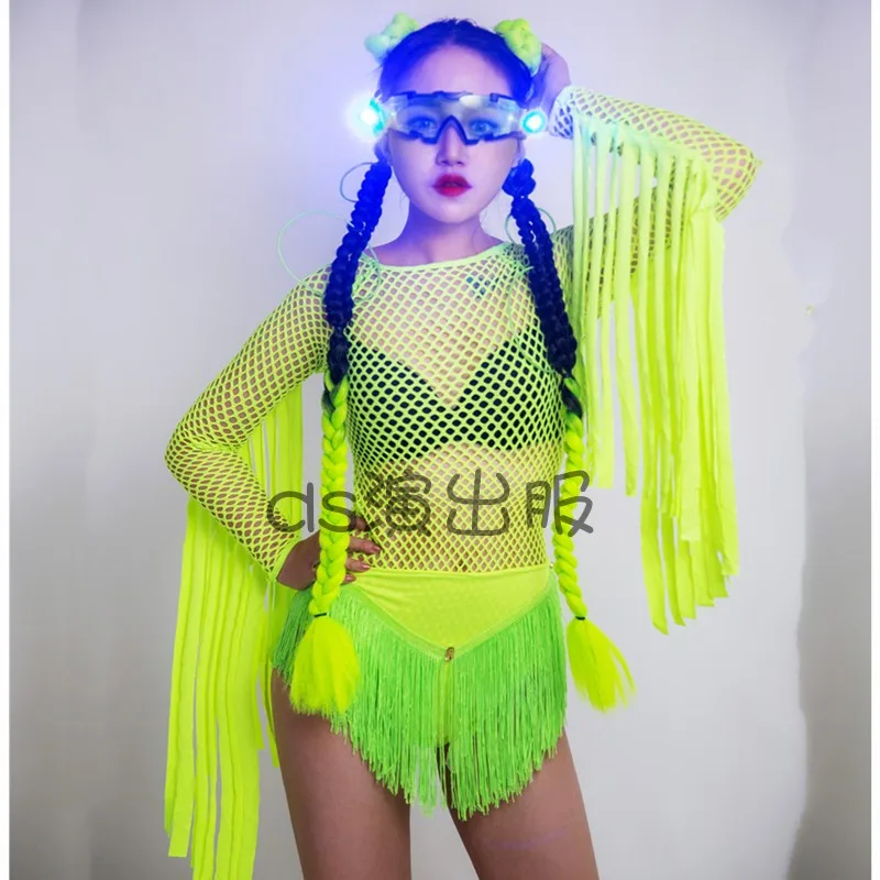 

Bar Gogo Female Hip Hop Sexy Grid Perspective Fringe Bodysuit Nightclub Sexy Female DJ Lead Dancer Jazz Dance Costume DWY4332