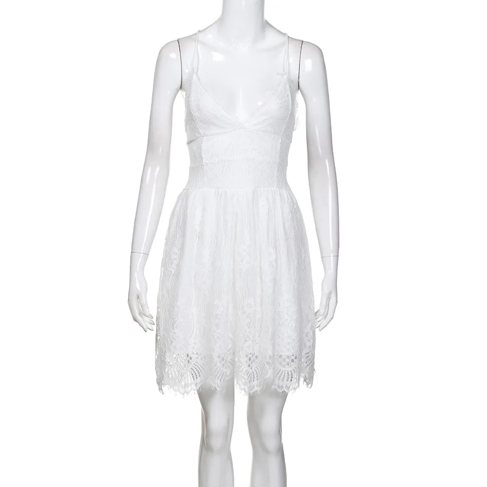 

Summer Women White Lace Halter Dress Sexy Backless Beach Dresses Backless Sexy Sleeveless Spaghetti Strap Casual Mini Sundress