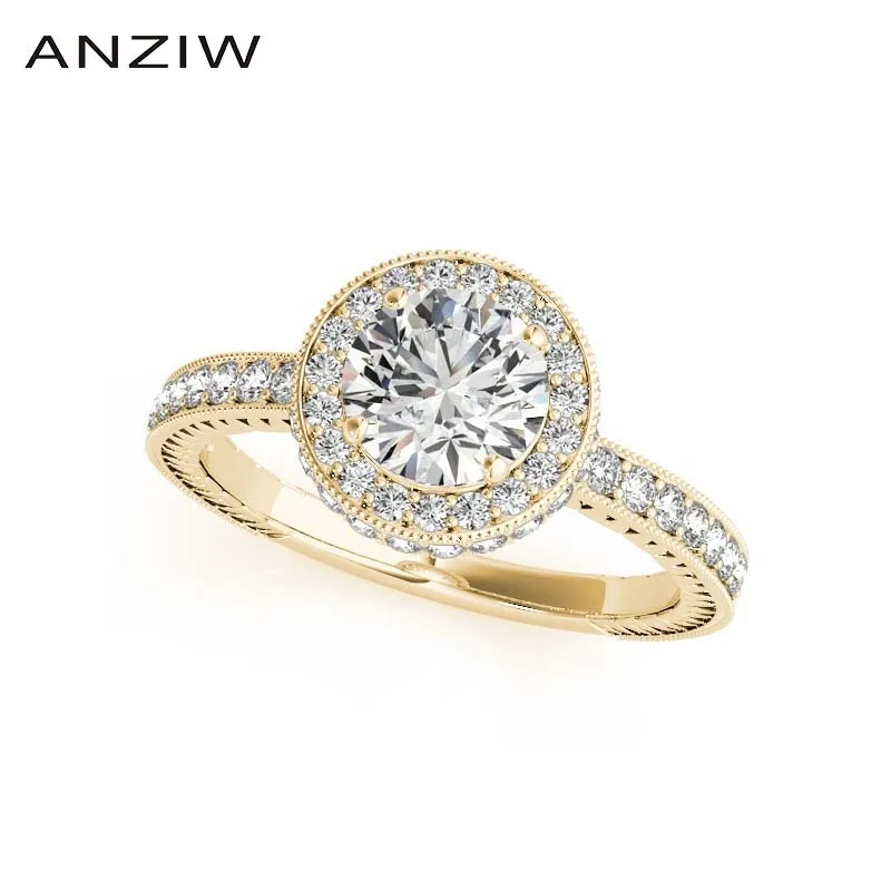 

ANZIW Классический 925 стерлингового серебра желтое золото Цвет круглой огранки 1ct женское кольцо для помолвки юбилей принцесса Halo Кольцо сере...