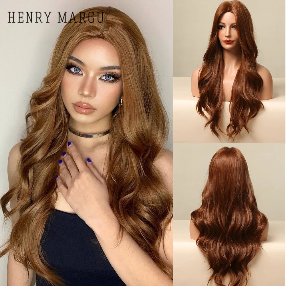 

HENRY MARGU Long Wavy Synthetic Wigs Copper Red Brown Body Wave Natural Hairs for Women Daily Cosplay Party Heat Resistant Wigs