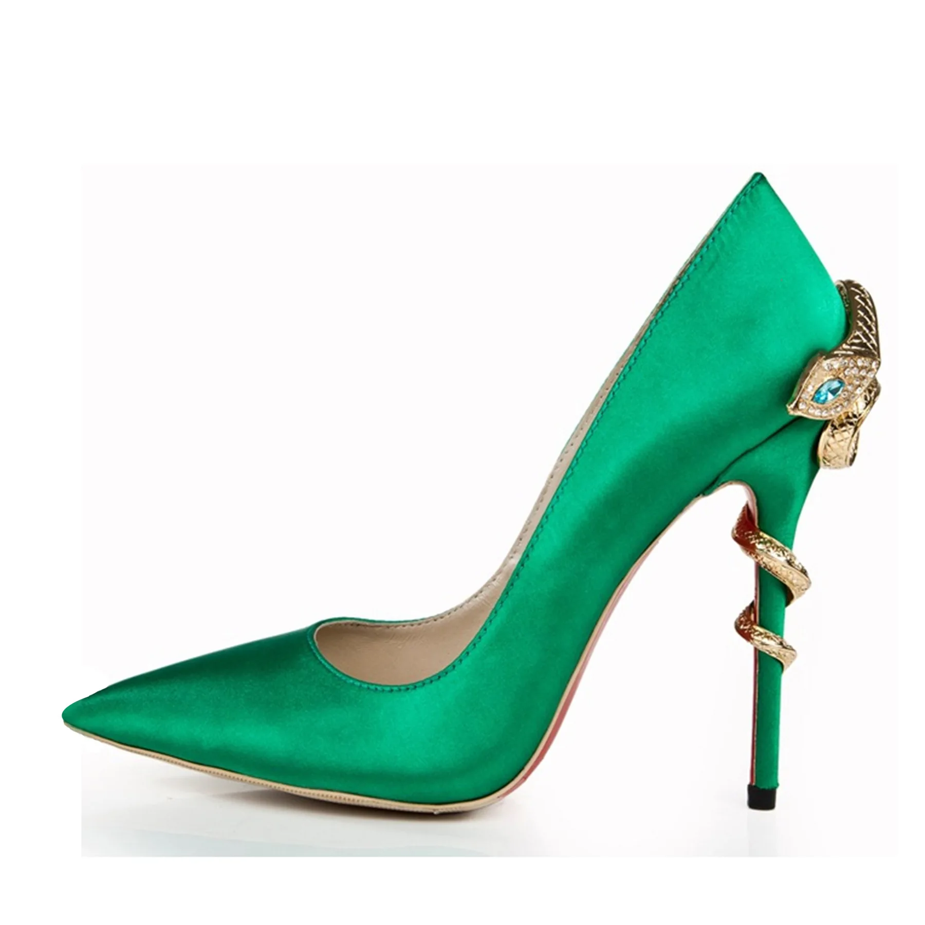 

Womens Satin Silk Pointy Toe Stilettos High Heel Gold Snake Decor Pumps Sexy Shoes 6Colors Plus Size 2022