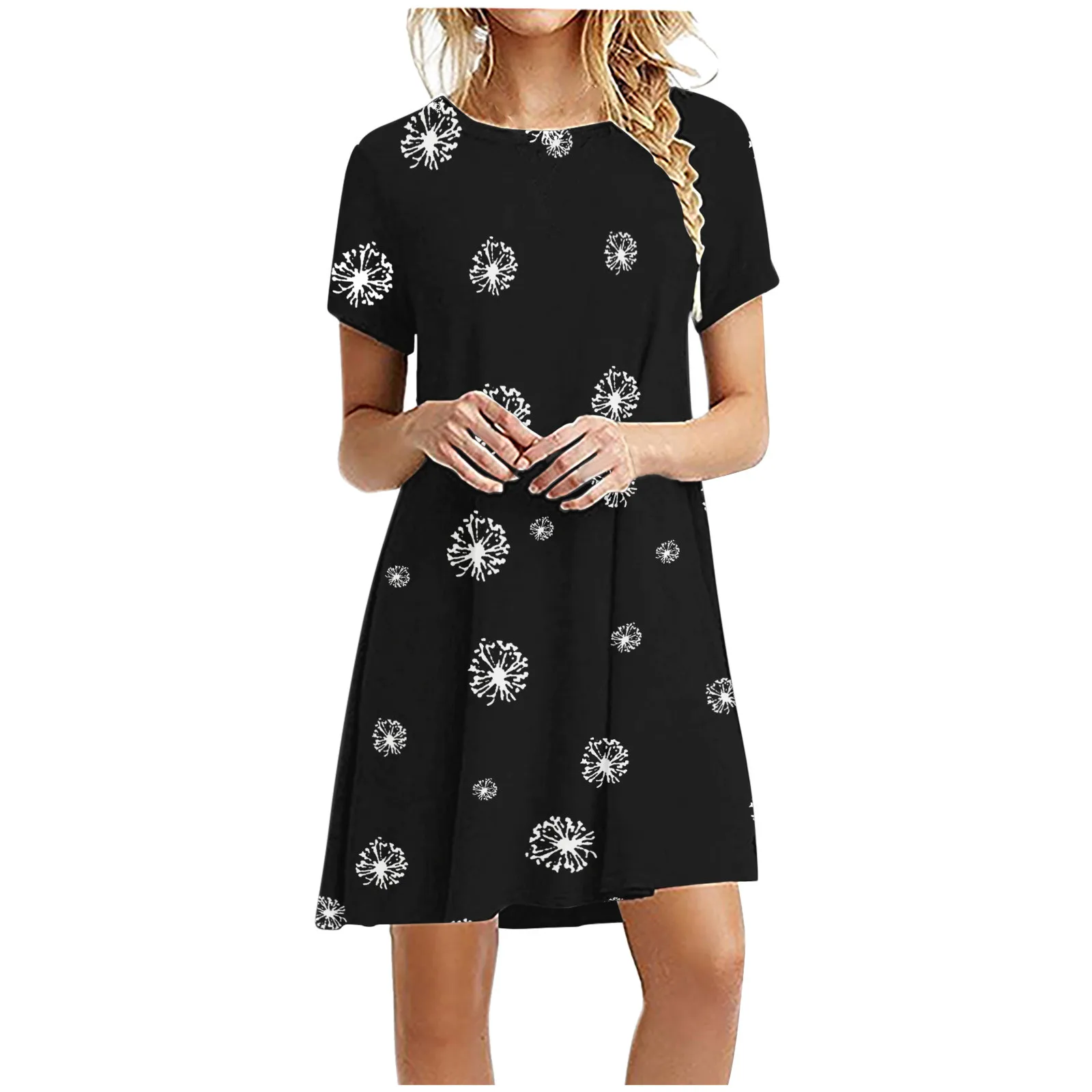 

Платье-мини женское летнее с круглым вырезом и коротким рукавом