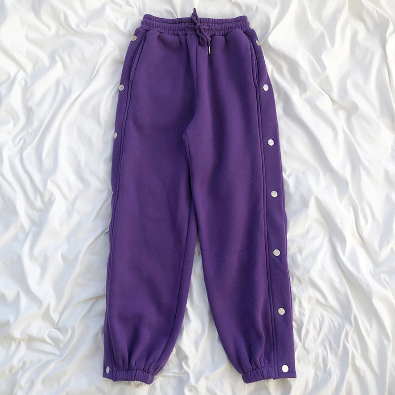 

Streetwear side buckle elastic high waist loose thick plus fleece warm pants
