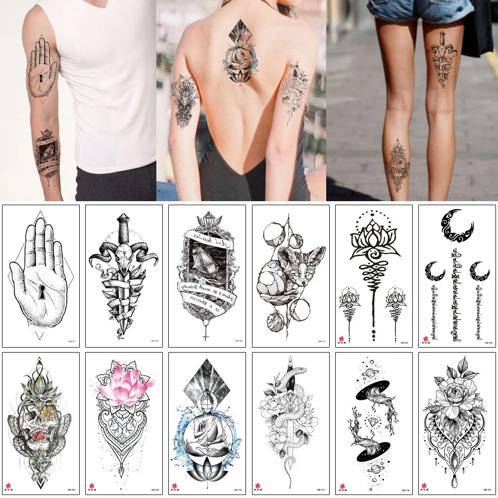 Half Flower Arm Waterproof Temporary Tattoo Sticker Abstract Mouse Moon Lotus Skull Snake Body Makeup for Men Women Tatto | Красота и
