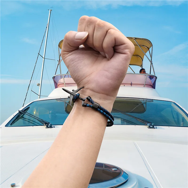 MKENDN Hot Sale Stainless Steel Airplane Anchor Bracelets Men Women Genuine Multilayer Leather Bracelet Freestyle Homme Jewelry