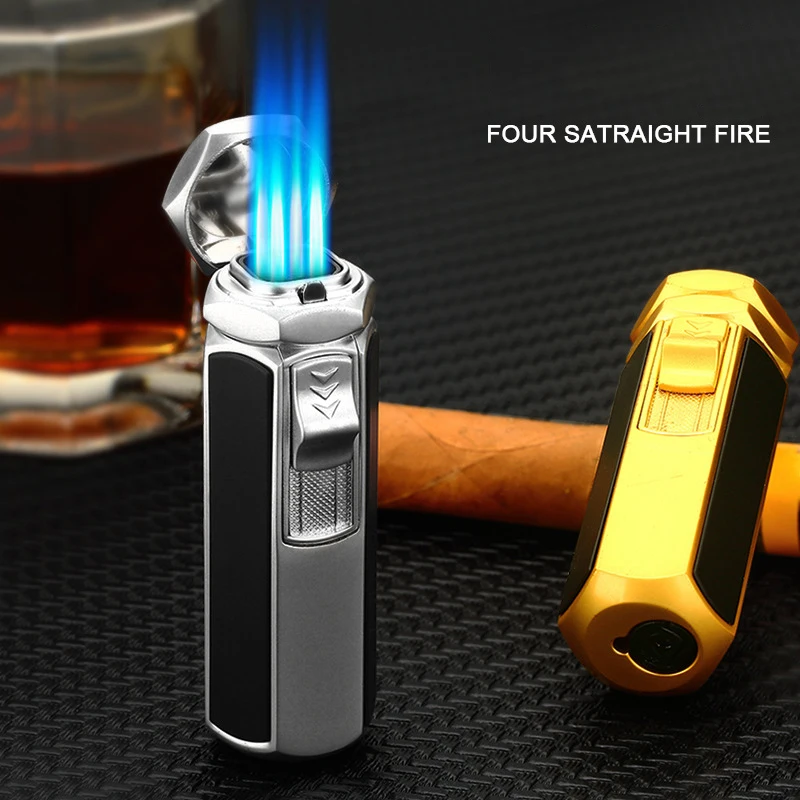 

Мощная 4-факельная Зажигалка для сигар, ветрозащитная многоразовая Бутановая газовая зажигалка для сигарет, кемпинга, кухни