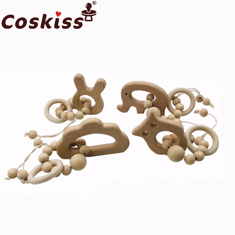 Pulsera mordedor para beb&eacute;, dentici&oacute;n Natural de Animal de juguete de madera de haya, cuentas de silicona, mordedor para beb&eacute; reci&eacute;n nacido, regalo DIY para beb&eacute;-0