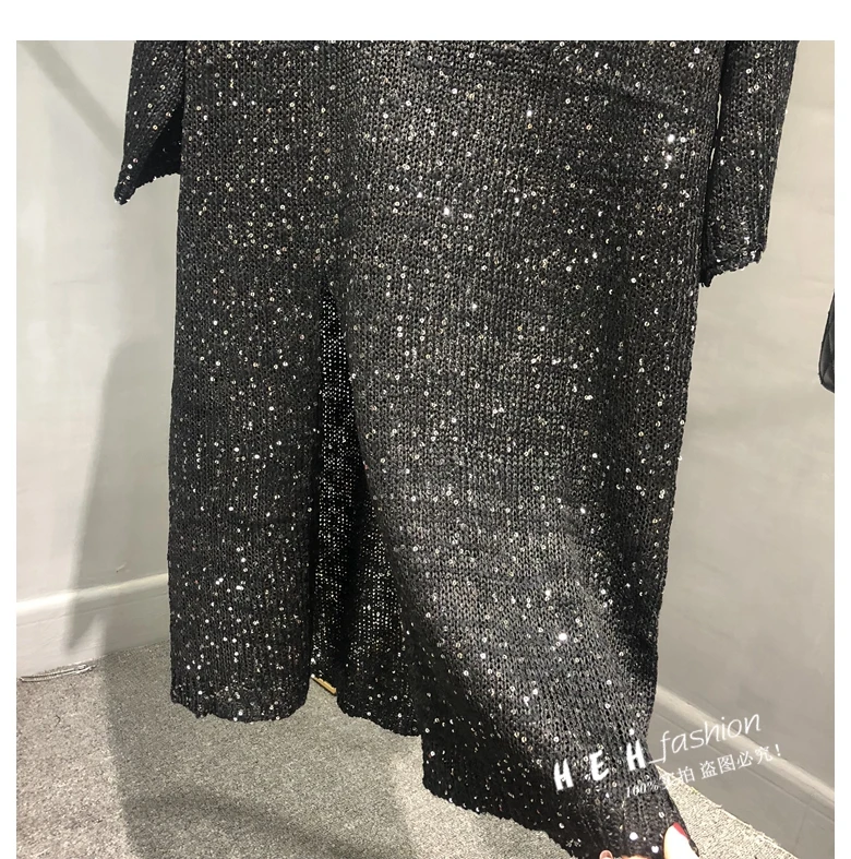 Cakucool Новые блестящие вязаные свитера платье Весна Круглая горловина половина