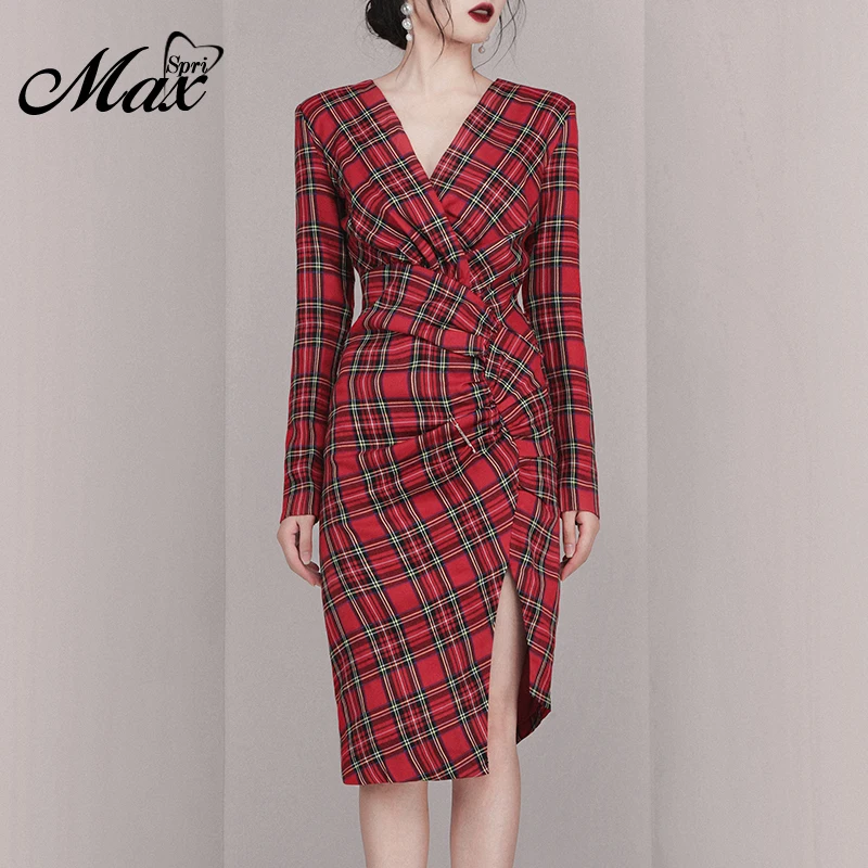 Женское платье в клетку с V образным вырезом длинным рукавом и