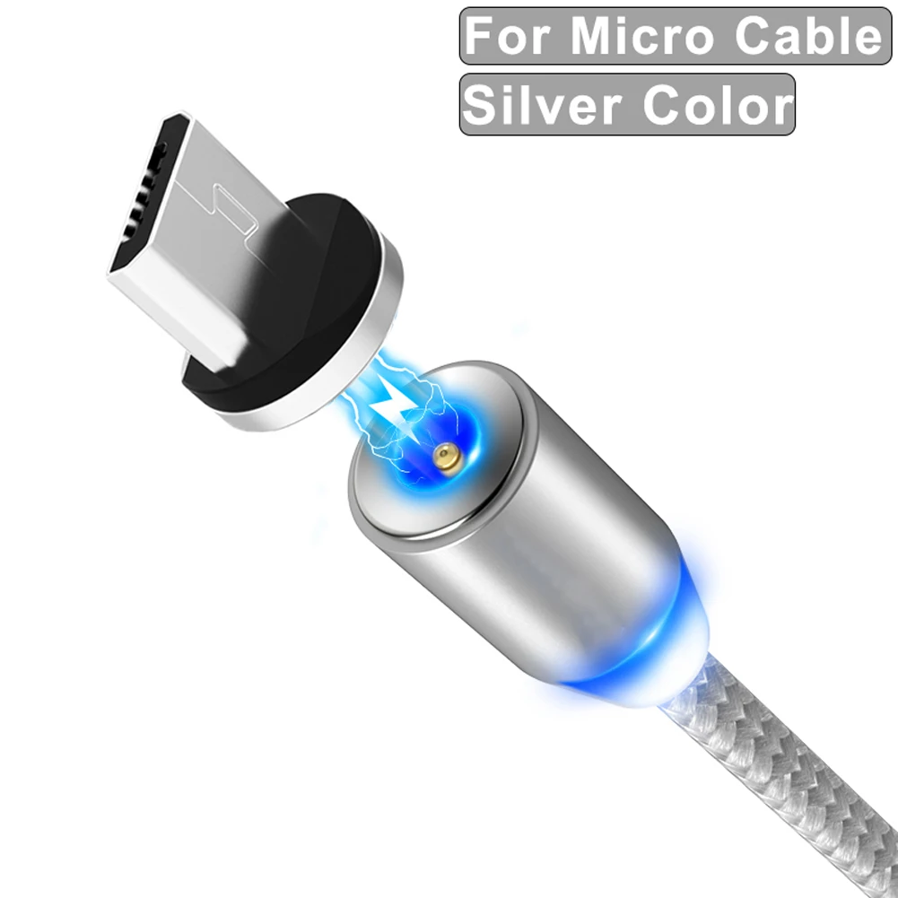 Silver For Micro USB Jetjoy 360 ° Вращающийся Круглый Сильный магнитный светодиодный кабель Micro USB type C для быстрой зарядки нейлоновый Плетеный зарядный кабель для Android iPhone huawei - Цвет: Silver For Micro USB