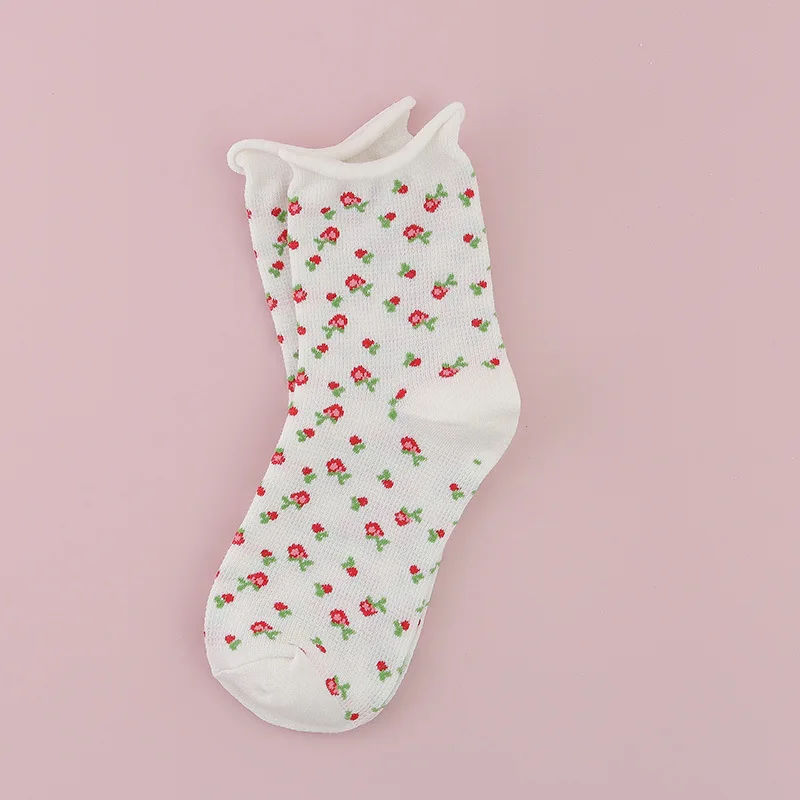 

Women Socks Side Small Flower Roll Love Cherry Kawaii Korean Cute cartoon Sweat Female Creative High Quality Holiday gift Socks