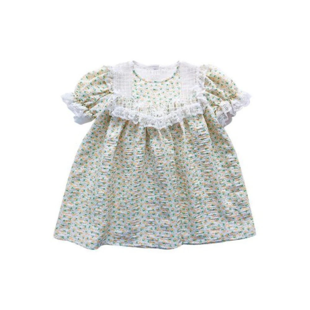 

Cultiseed Girls Summer Cute Perspective Mesh Lace Patchwork Floral Print Puff Sleeve Princess Dress Children Kids Casual Gowns