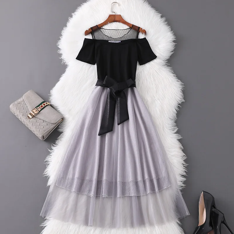 

Spot Goods 2020 Summer Women's Clothing New Cold-Shoulder Mesh Dress Black off-the-Shoulder Temperament Long Dress Female 84524