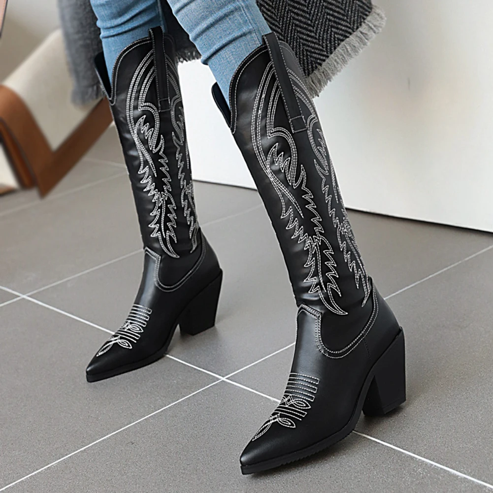 

KarinLuna Western Boots Short Plush Pointed Toe Slip-On Mixed Colors Knee-High Boots Embroider 2021 Winter Comfy Woman Shoes