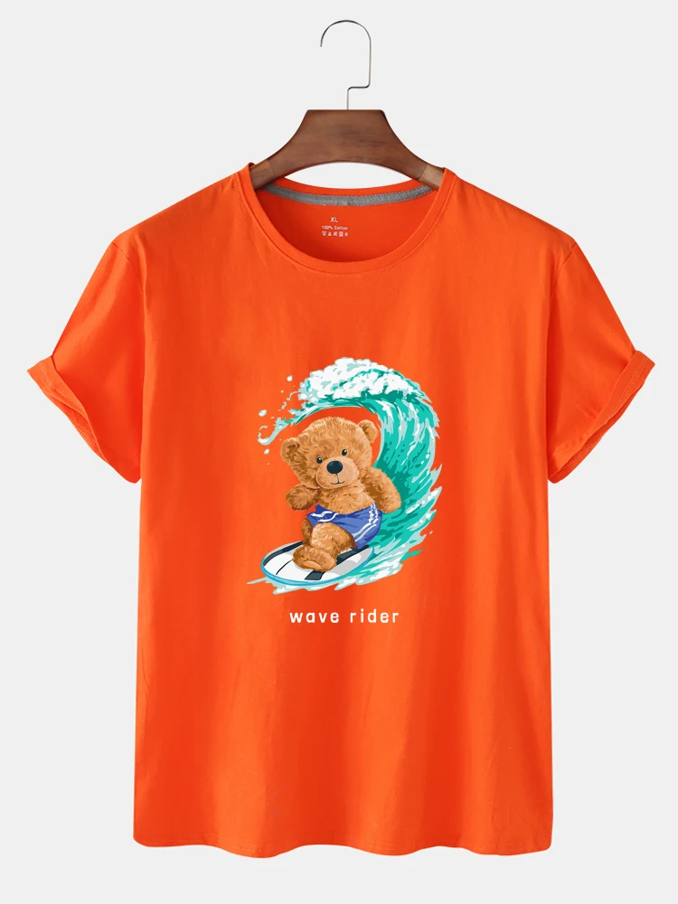 

100% Cotton Surf Bear Print Short-sleeved T-shirt Women Summer Casual Short-sleeved Unisex Oversized T-shirt Ladies Shirt S-4XL