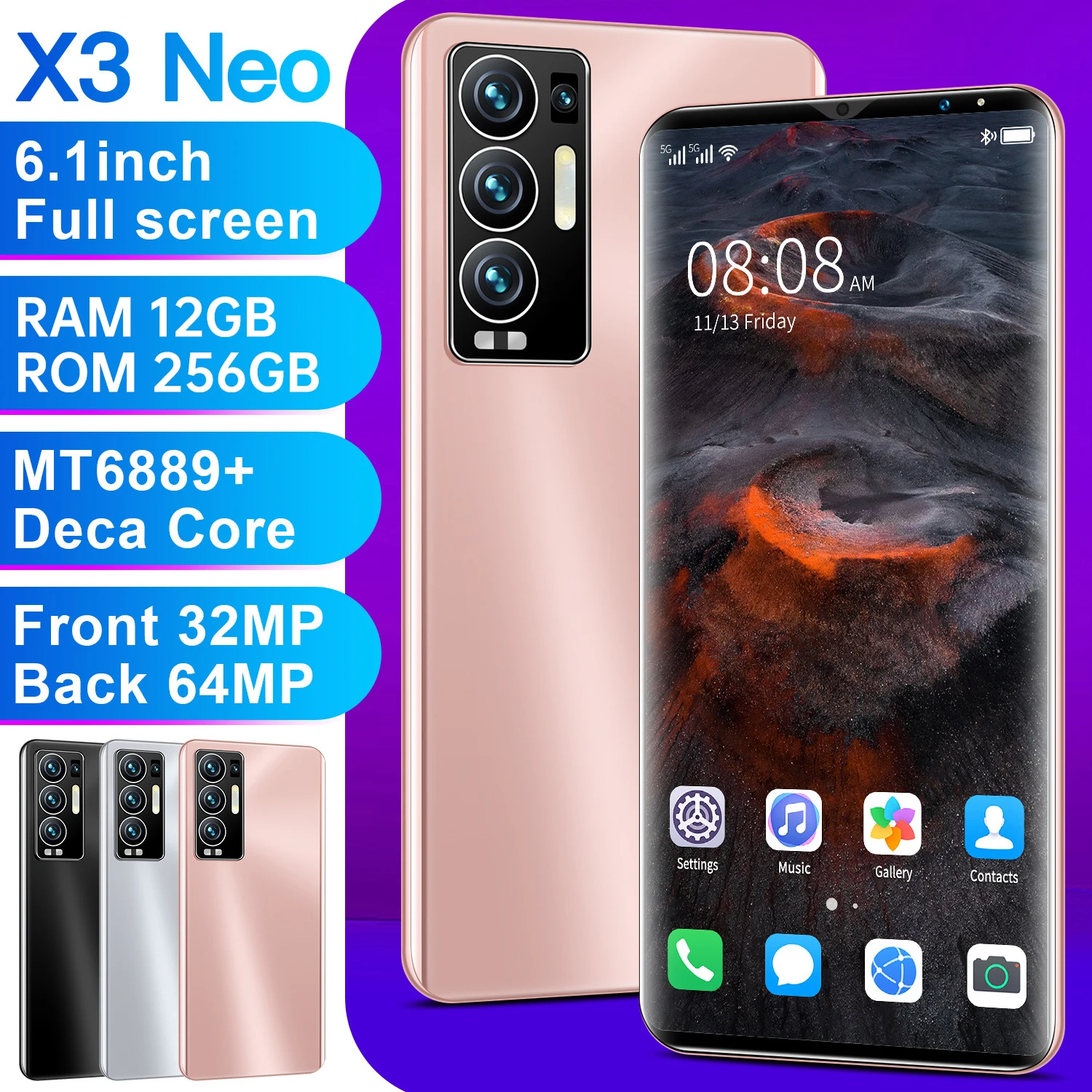

New 2021 X3 NEO 12+256GB Andriod 11 6000mAh 32+64MP Smart Phone Dual SIM+Micro SD Fingerprint ID 10 Core Mobile Phone MTK6889+