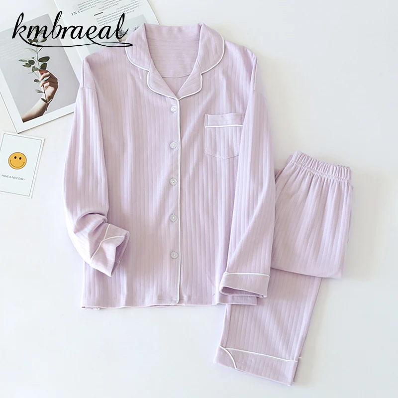 

New Spring and Autumn Ladies Pajamas, Long-sleeved Trousers, Two-piece 100% Cotton Knitted Striped Home Service Suit for Women