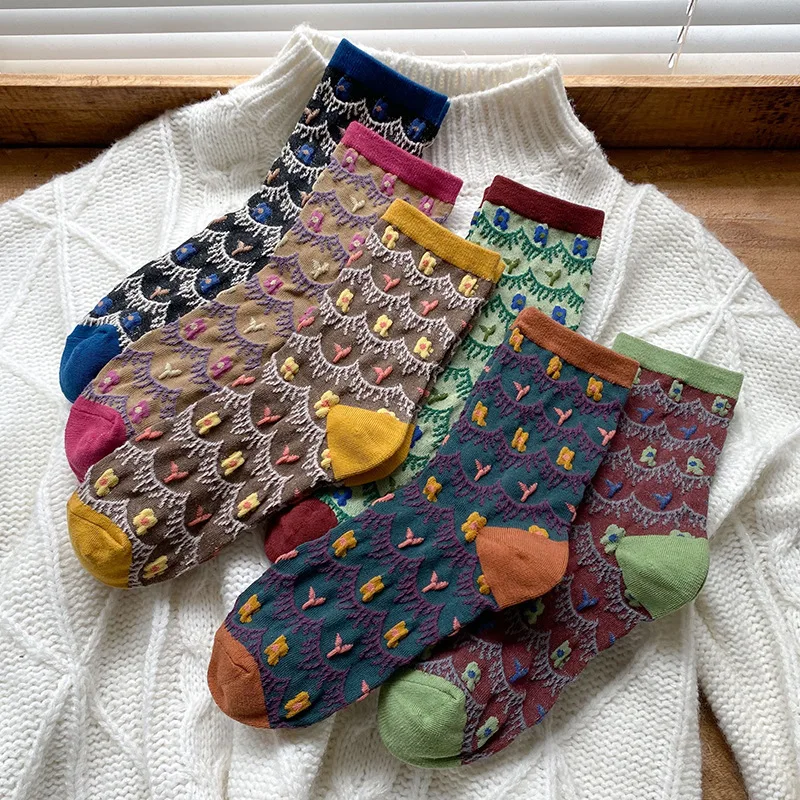 

Floral Print Woman Socks Fashion Patchwork Color Harajuku Retro Long Socks Women Japanese Style Sweet Girls Kawaii Cute Socks
