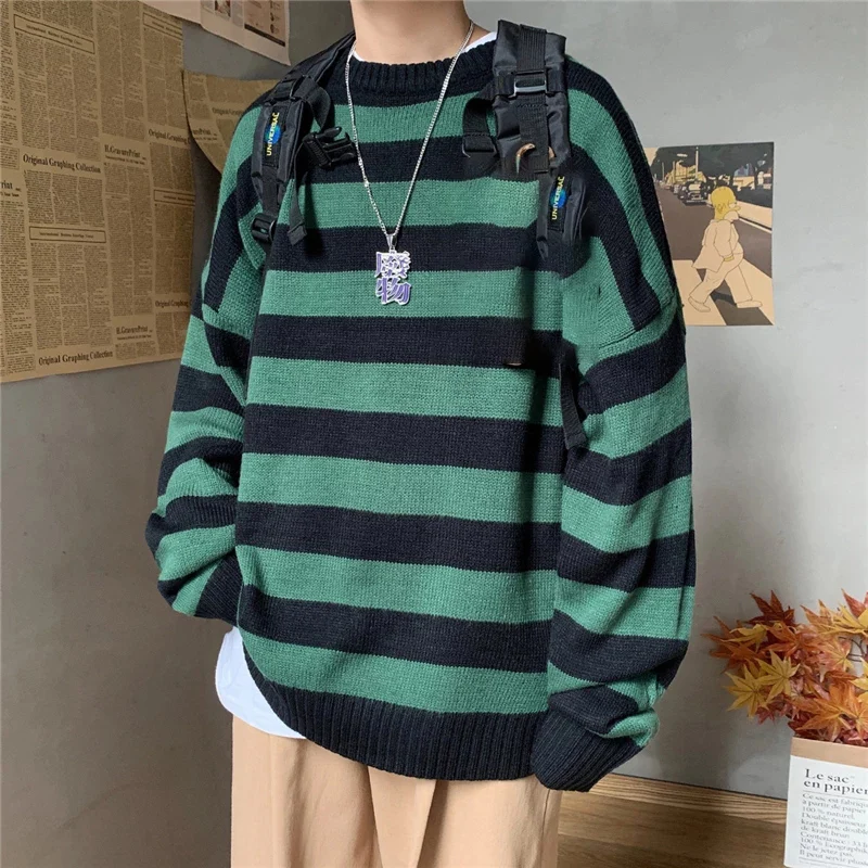 

2021 New Autumn Men Fashion Striped Sweater O-Neck Knit Pullover Couple Hip Hop Street Trend Loose Women Casual Sweater