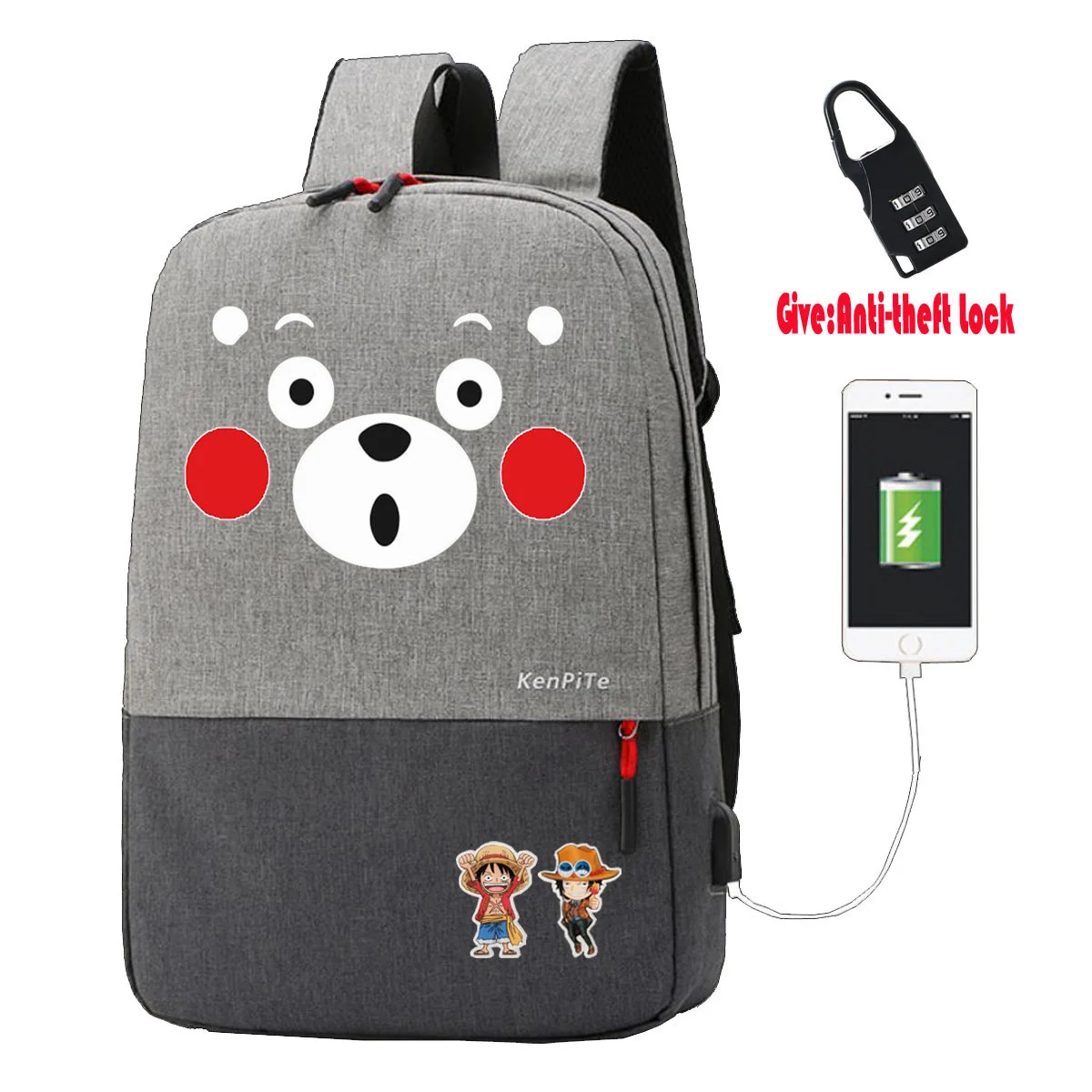

Cute Cartoon Kumamon backpack Men Women Travel Laptop bag teenagers Shoulder Bag student School bookbag Anti-theft USB Charging