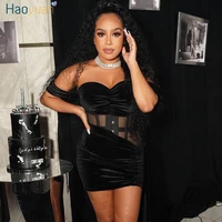 haoyuan sexy two piece set black velvet mesh sheer corset top mini skirts rave birthday club outfits for women party dress sets