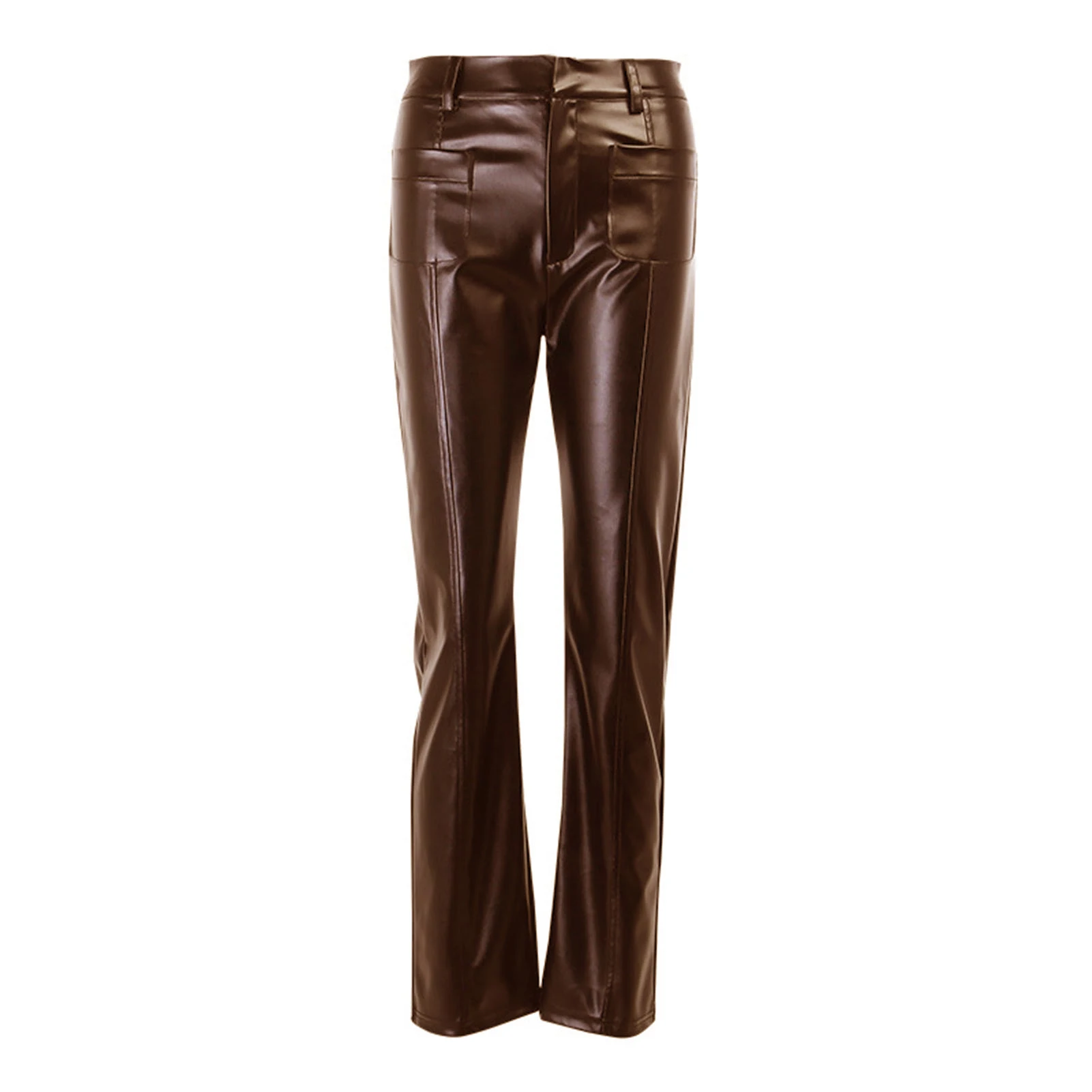 

Women Faux Leather Straight Pant Trousers Autum Pockets High Waist 2020 Streetwear Office Lady Casual Solid Slim Capris