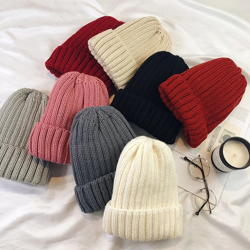 Новинка 2019 года женские зимние шапки из хлопка и шерсти одноцветные вязаные