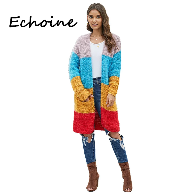 Модный Кардиган с длинным рукавом разноцветный свитер в стиле пэчворк вязаная