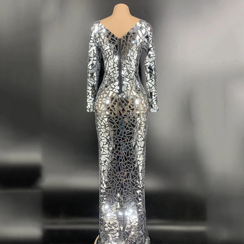 Роскошное зеркальное платье с длинным рукавом и разрезом женские платья