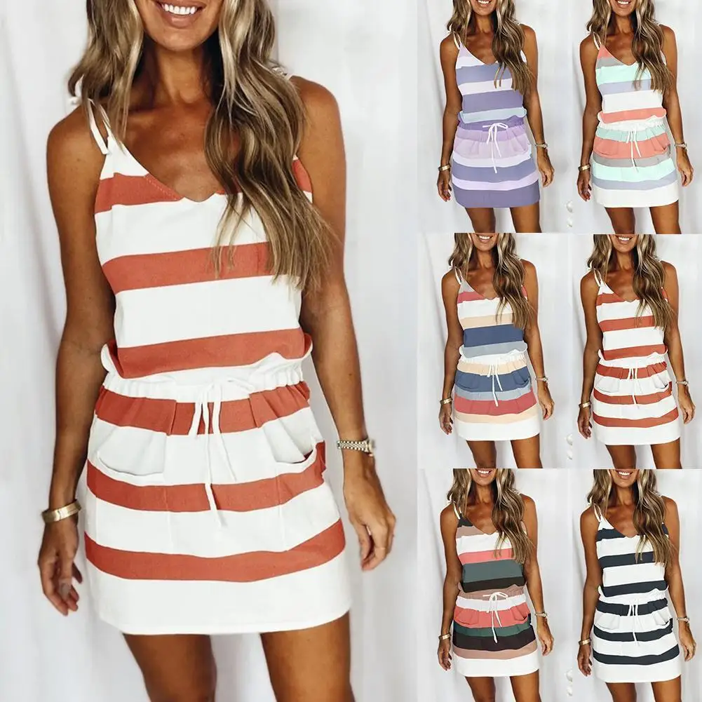 

New Style European And American Women's Dress With Dress Sling Color Drawstring E2H6